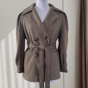 PANPAN Design NWT Brown Houndstooth Double Breasted Belted Puff Sleeve Jacket